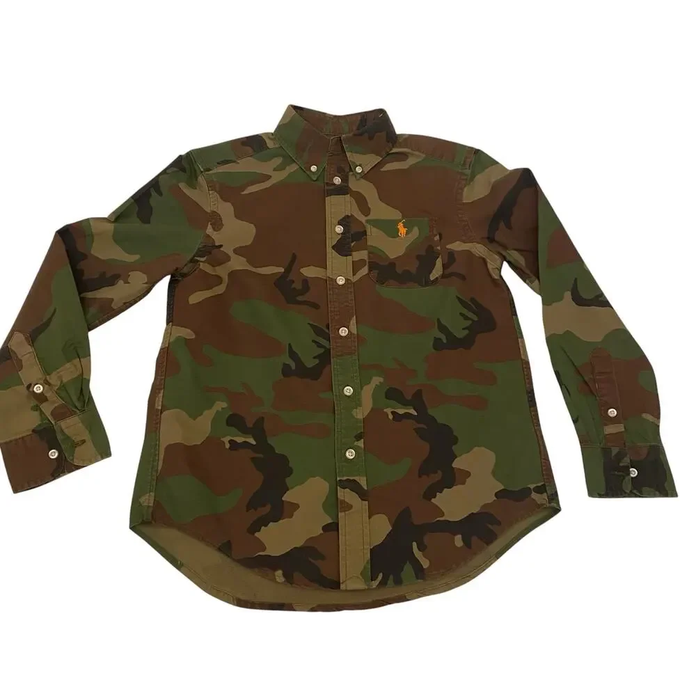 Boys Size Medium (10-12) Ralph Lauren Camo Cotton Oxford Long Sleeve Shirt